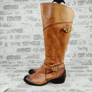 Arturo Chiang Brown Leather Block Heel Side Zip Knee High Riding Boots M641